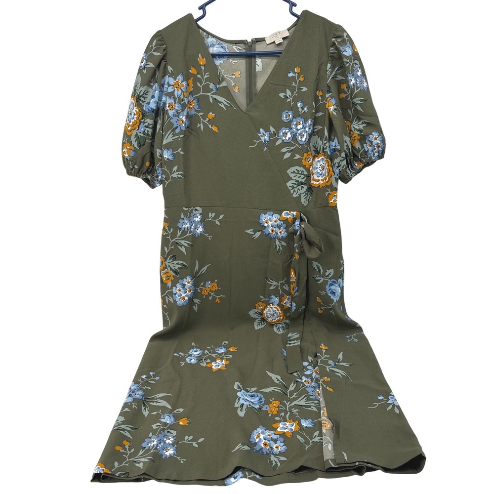 Loft Outlet Petite 6P Olive Green Floral Faux Wrap Midi Dress Puff Sleeve 5812